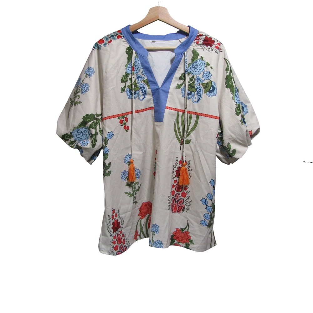 2X Boho Floral Puff Sleeve V Neck Blouse Tunic Tassel Summer Botanical Cottage
